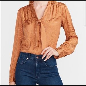 Express Gold Satin Jacquard Tie Neck Top